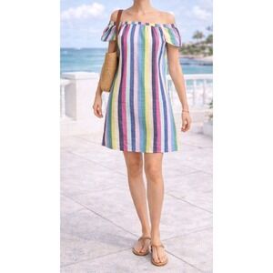 J Crew Rainbow Stripe Off Shoulder Mini Dress Cotton Sz 8 Summer Beach Vacation